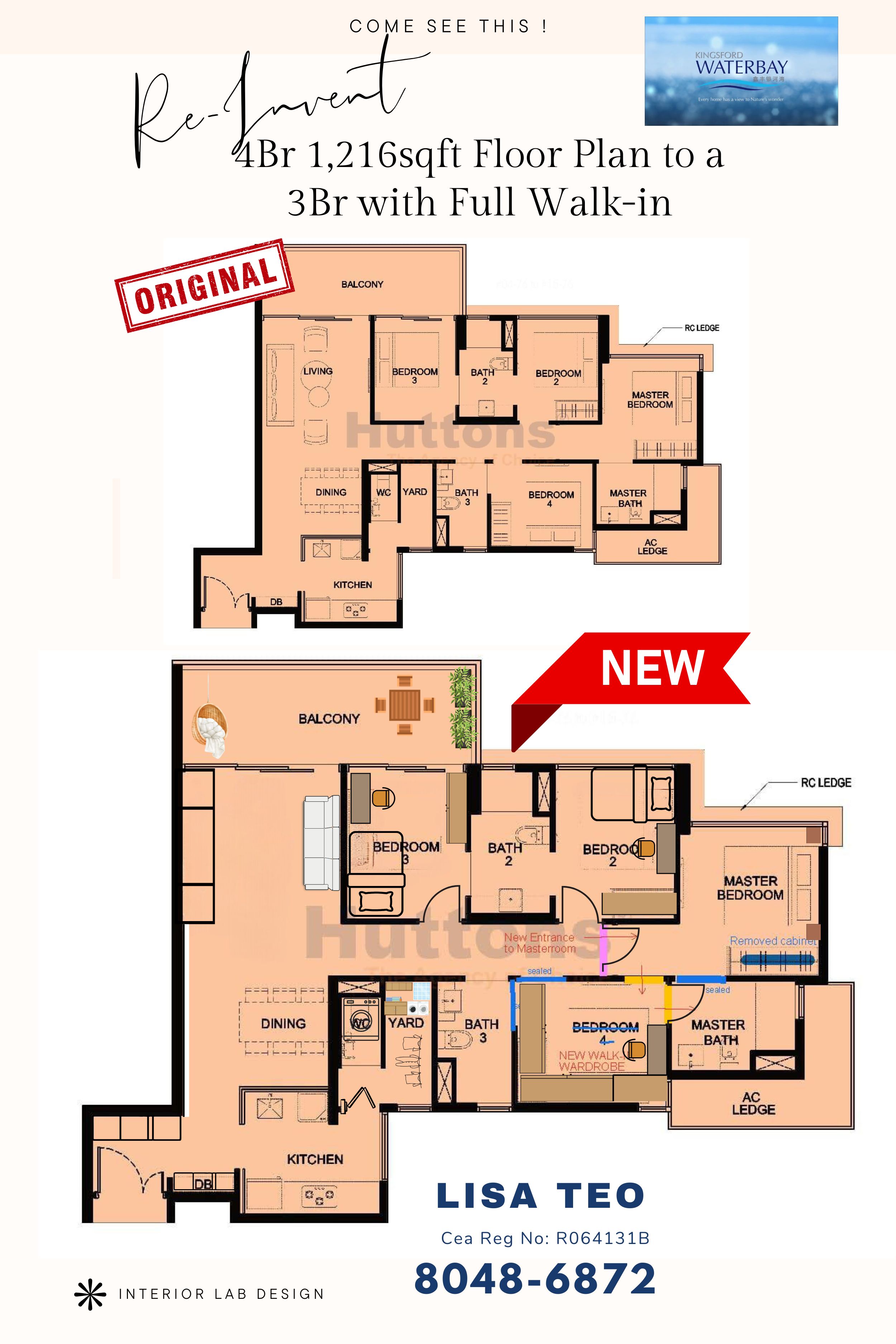 Comparison of original 4-bedroom floor plan and reinvented 3-bedroom layout with walk-in wardrobe